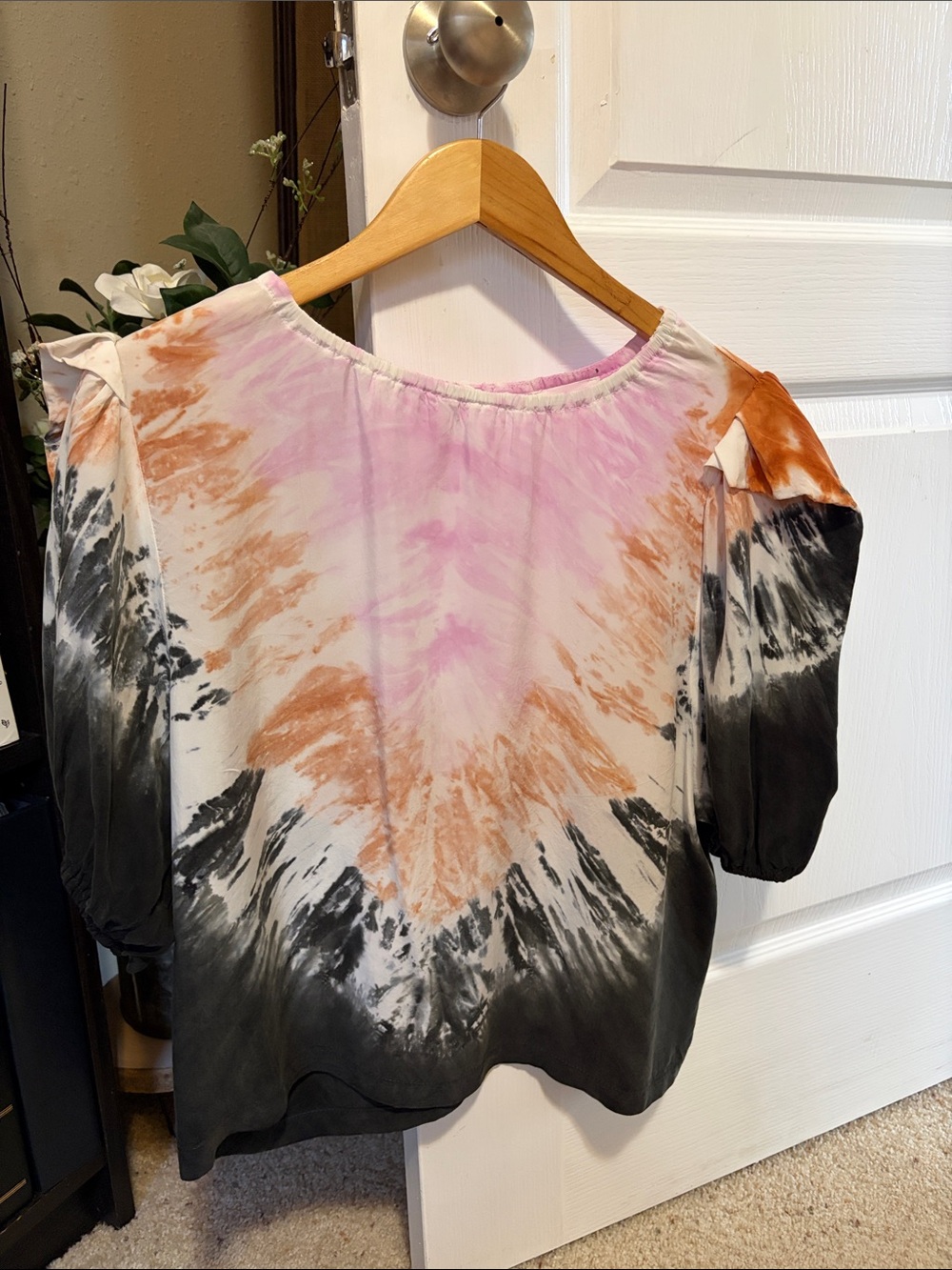 RJ Kane 100% Cupro Tie-Dye Off-Shoulder Boho Peasant Blouse